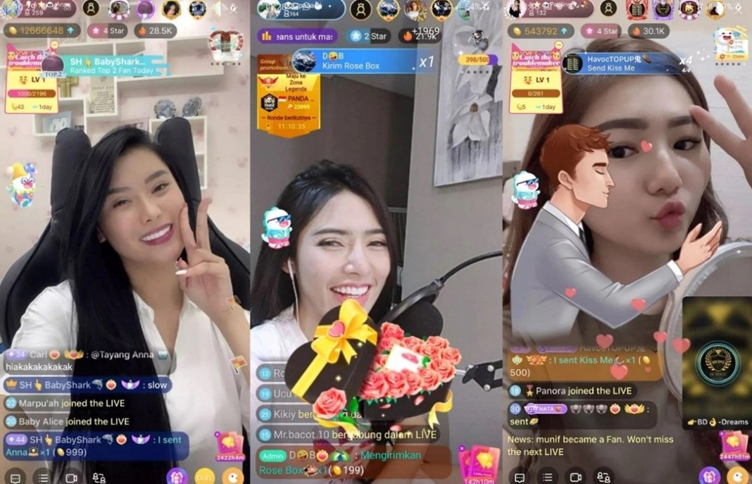 Three different girls streaming in Bigo Live