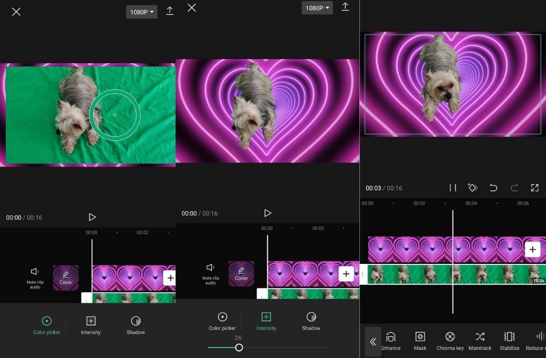 Three CapCut screenshots with the steps to use the Chroma Key option