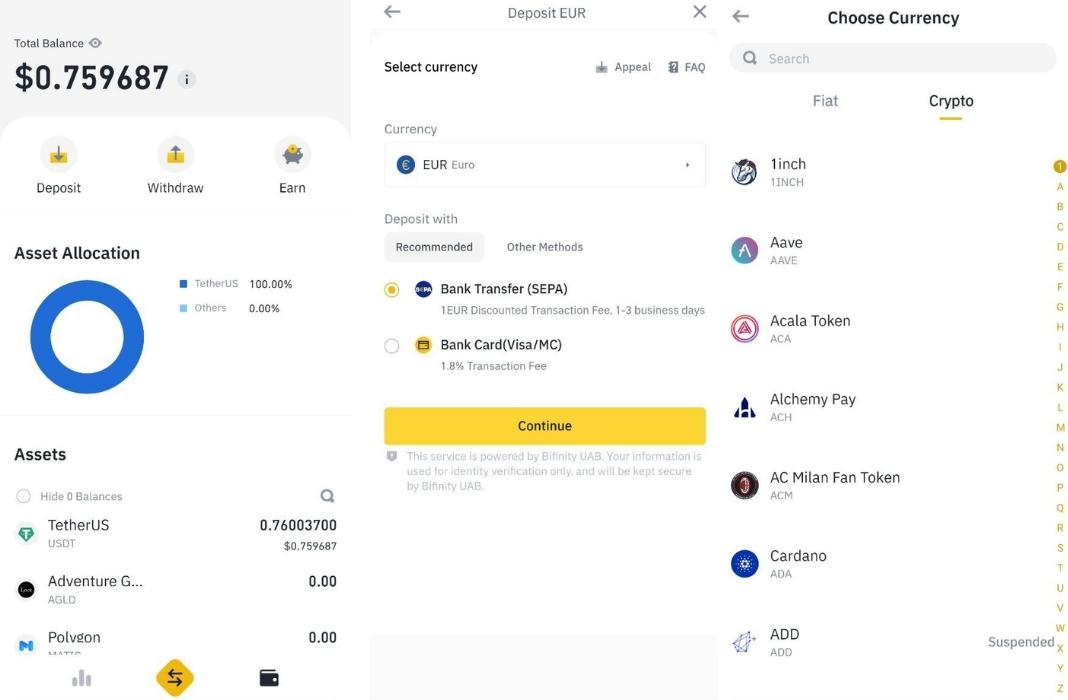 Binance screenshots showing balance, deposit methods and currency selection