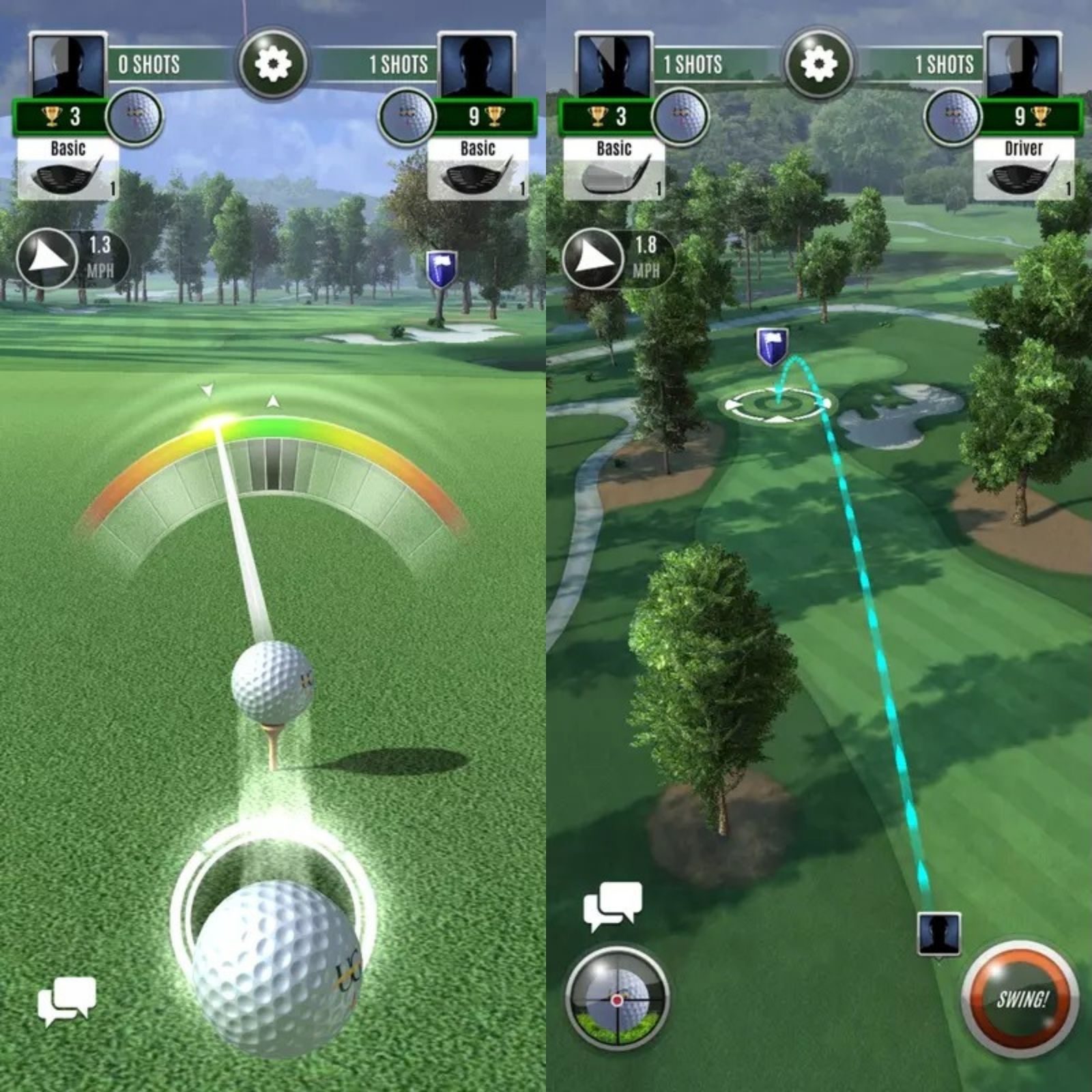 Ultimate Golf screenshots: Golf ball throws in close-up and overhead view 