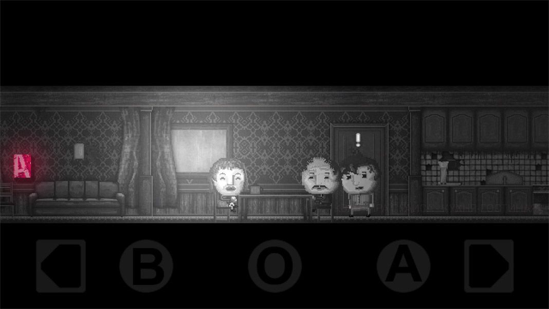 Game scene with three people in a 2D living room