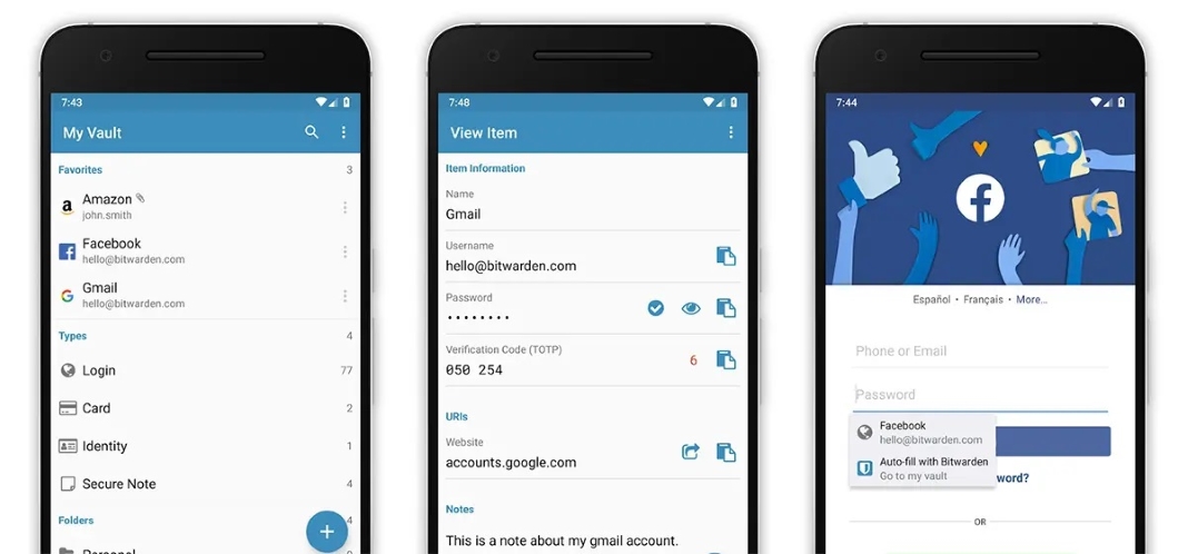 Three smartphones with examples of how Bitwarden works