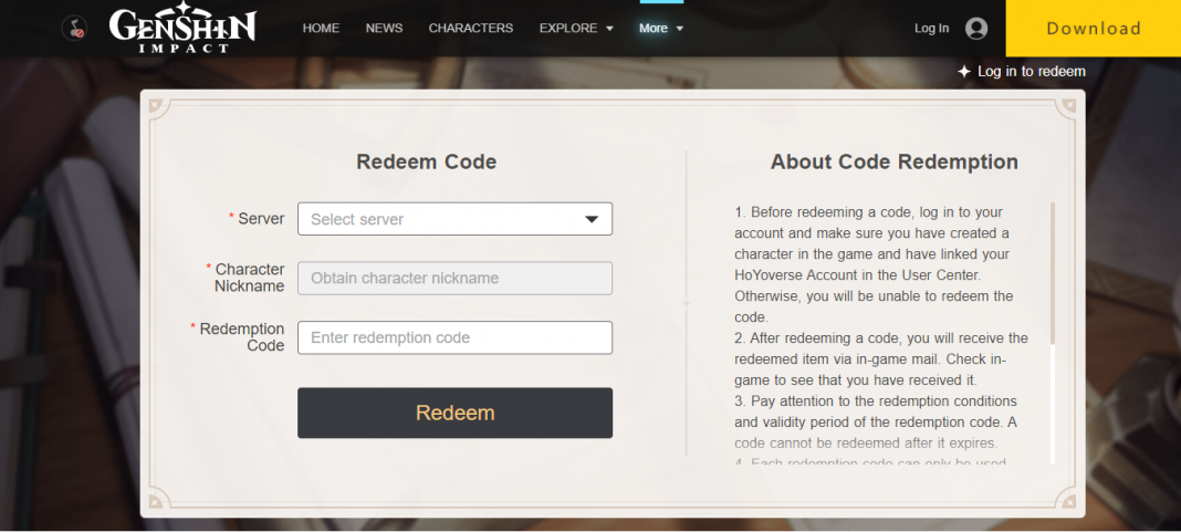 Genshin Impact code redemption website