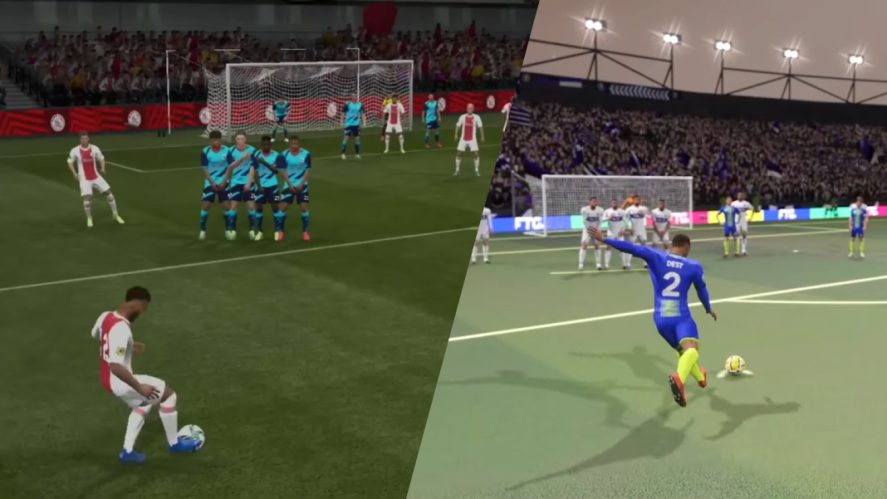 Two screenshots showing two soccer players shooting a free kick at goal