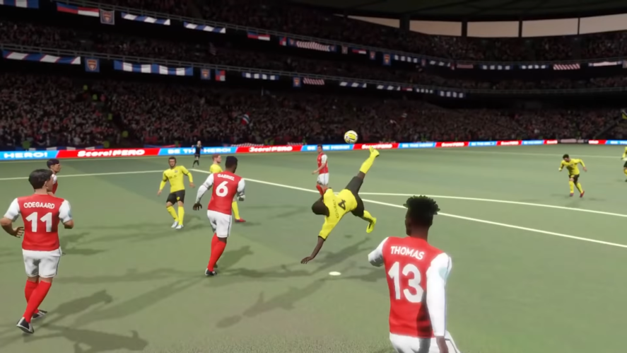 Dream League Soccer screenshots with several defenders and a player performing a bicycle kick