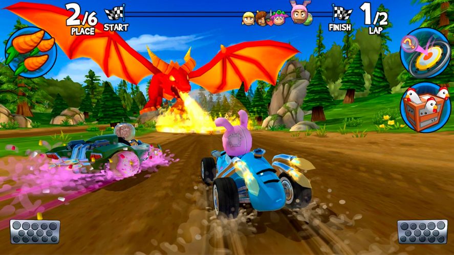 Beach Buggy Racing: two cars racing while a dragon spits fire.