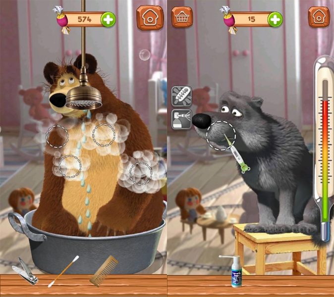 Masha and the bear: two screenshots, one of a brown bear being washed and another one of a gray wolf with a thermometer