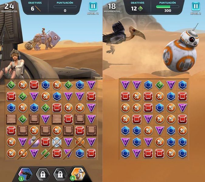 Star Wars: two screenshots of two candy-crush games with different Star Wars characters on top of them