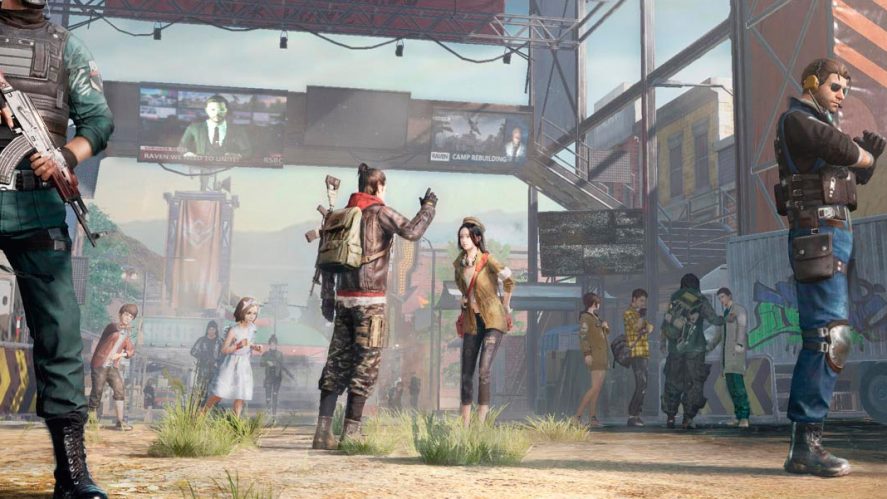 Undawn in-game screenshot showing several armed characters and children playing.