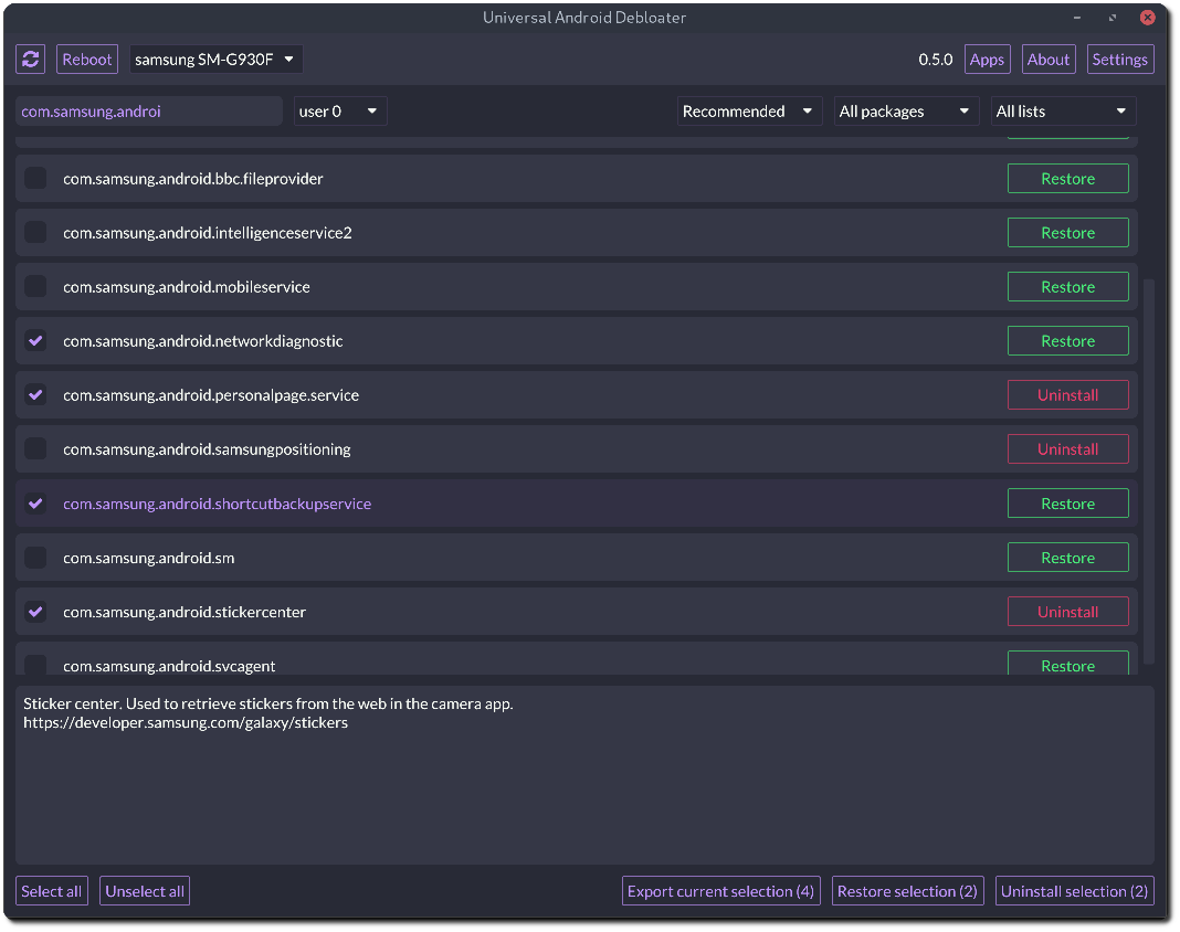 Universal Android Debloater's interface showing a list of apps to help you remove bloatware