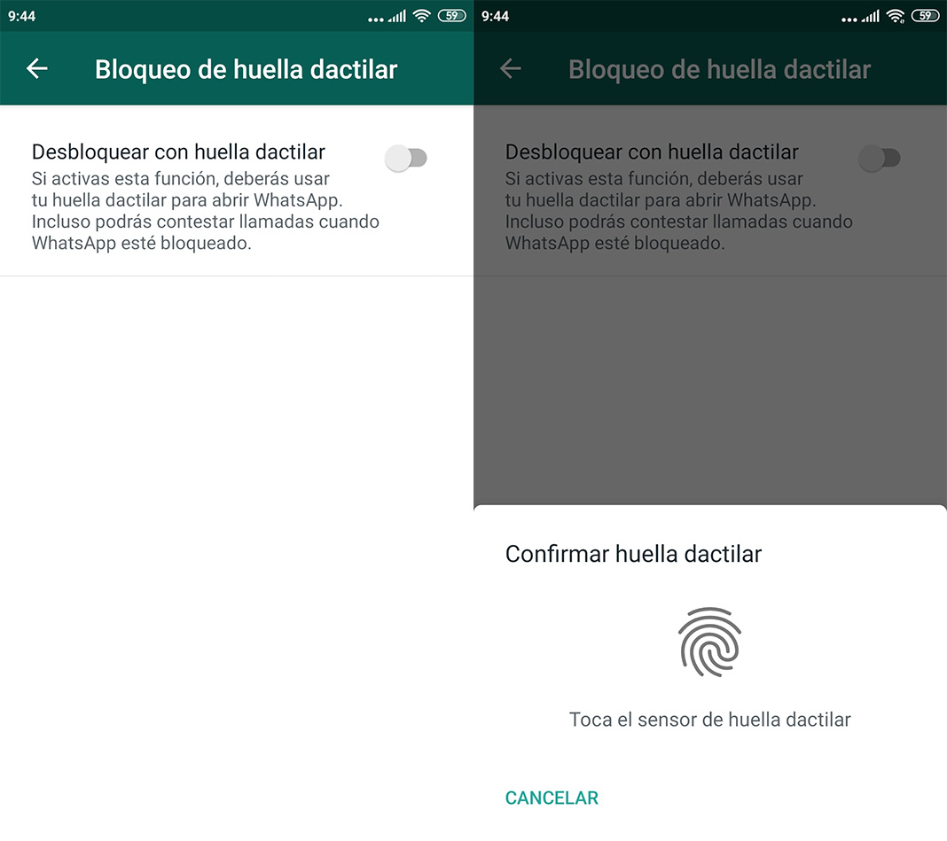 WhatsApp Bloqueo Huella