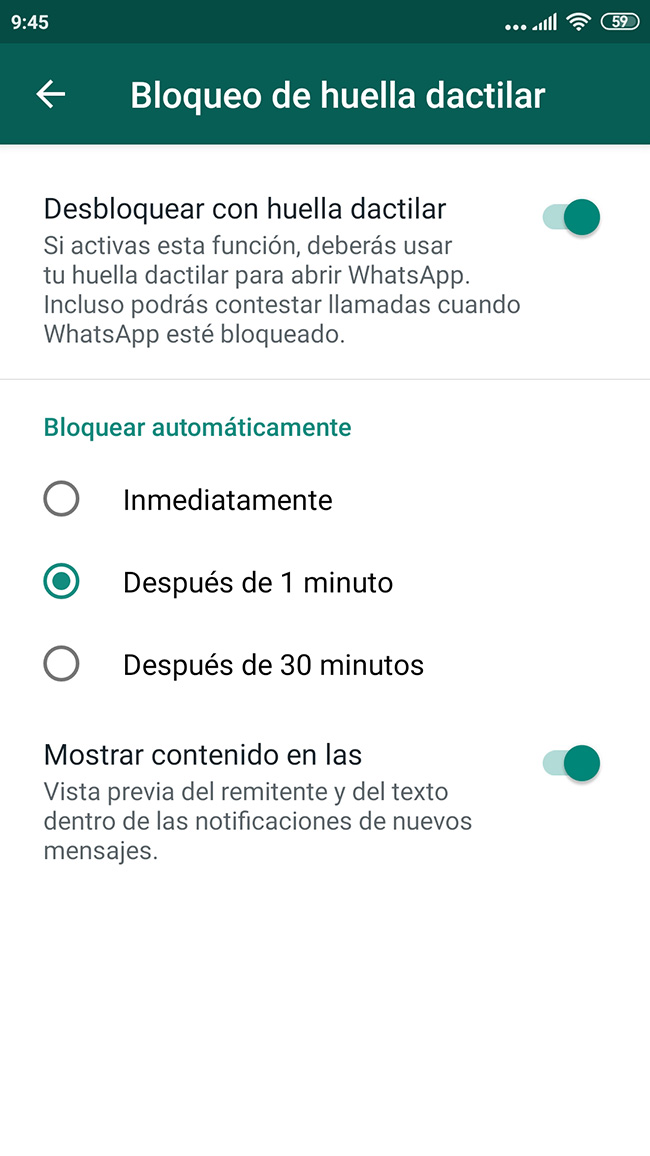 WhatsApp bloqueo por huella