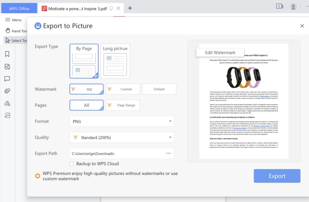 WPS Office screenshot with Export to Picture menu open